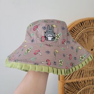 My Neighbor Totoro Bucket Hat 100% Cotton Gray/Green Mushroom One Size